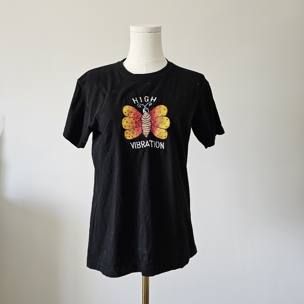 Black Graphic Tee with Embroidery Butterfly Design S 100% Cotton hannah pixie